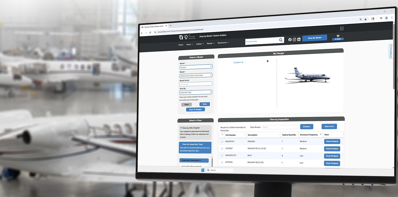 Computer screen showing Textron Aviation parts search tool in aircraft hangar.